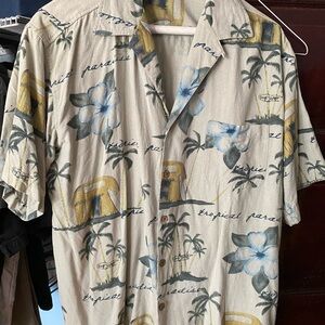 Men's Tropical Print Short-Sleeve Shirt - Beige with Blue & Yellow  XL Silk